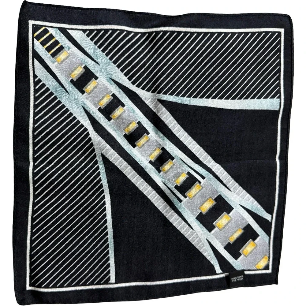 Mens Geometric Silk Scarf Black‎ Blue Yellow Designer Pocket Square 12' x 12" - Picture 2 of 6